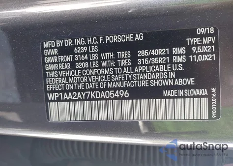 2019 Porsche Cayenne z USA, uszkodzony, nr VIN WP1AA2AY7KDA05496